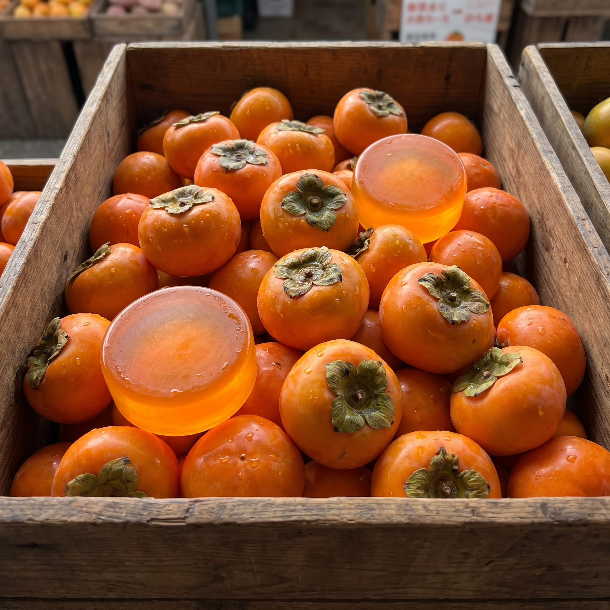 Persimmons in a wooden crate